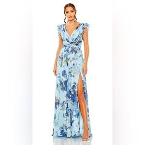 New Mac Duggal Floral Print Flutter Sleeve Chiffon Gown In Blue Multi Sz 6